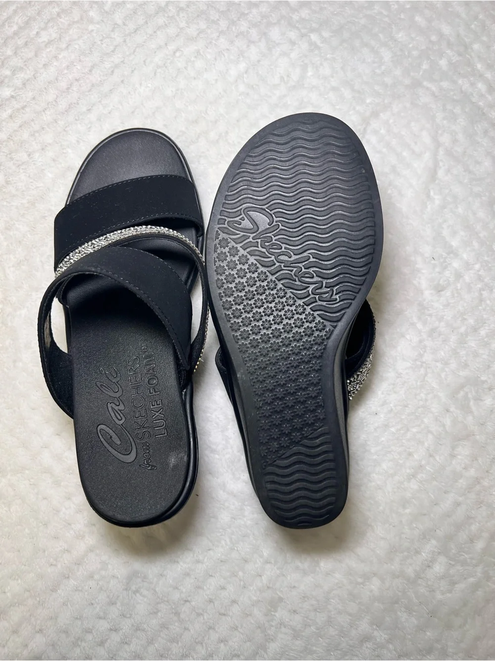 Skechers Black Wedge Slide Sandals with Silver Rhinestone Strap